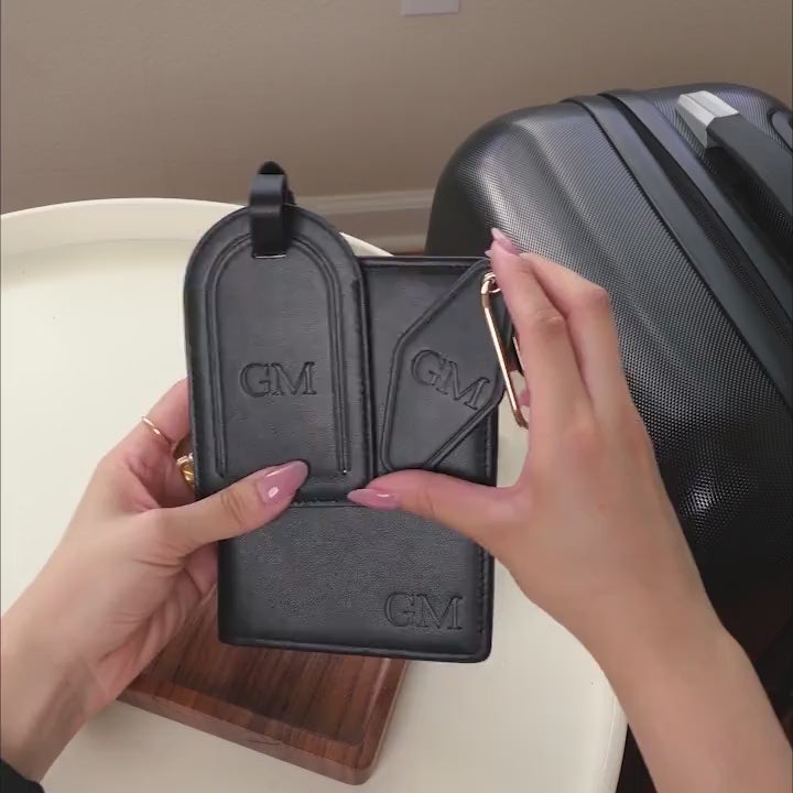 Embossed Monogram Leather Passport Holder, Luggage tag, Diamond Keychain (3 pcs Gift Set) - Gift for husband, bride groom, anniversary